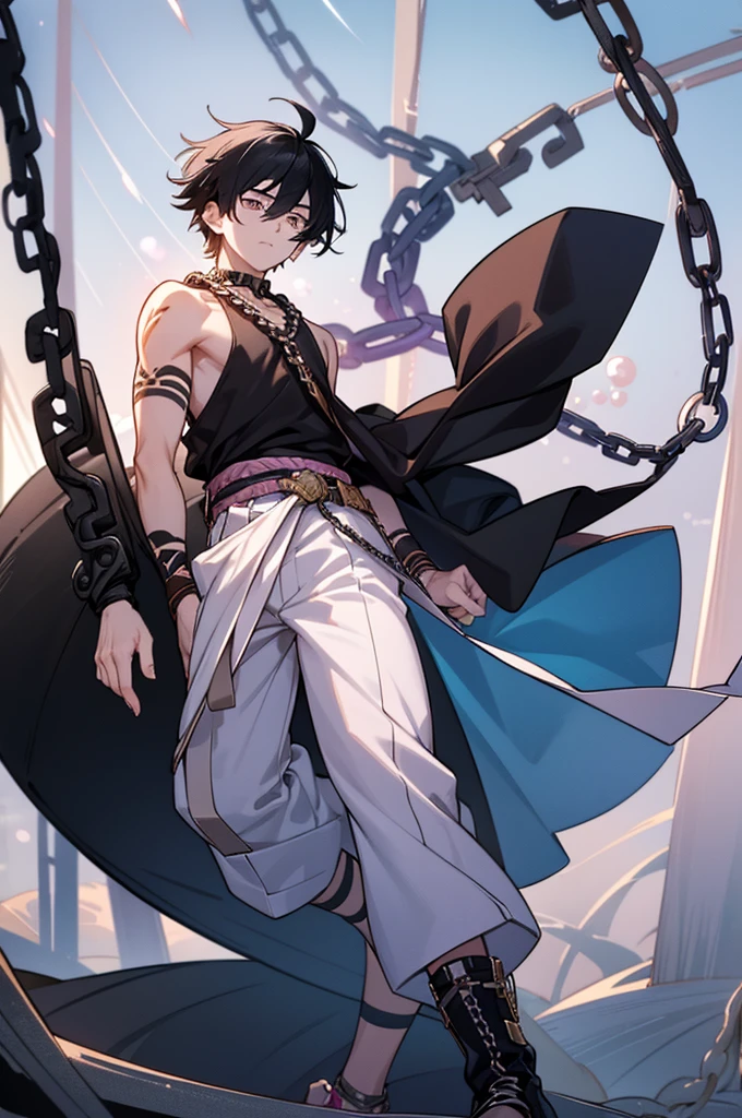 A tired young man with tied up black hair and white eyes, wearing a short, sleeveless dark haori cut off at his waist, and a pair of baggy white pants and blue rope belt to secure them at his waist. With a pair of chains of large, round, pink pearls around his ankles, black boots, handsome, curse, Tattoos on arms