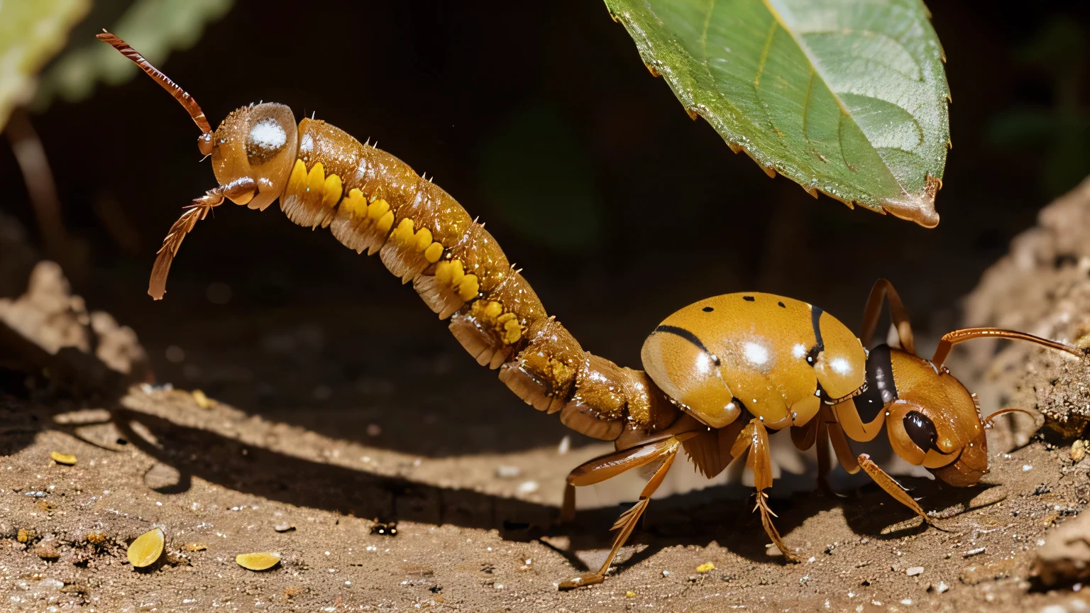 An ant soldier holds a yellow worm with his huge jaws