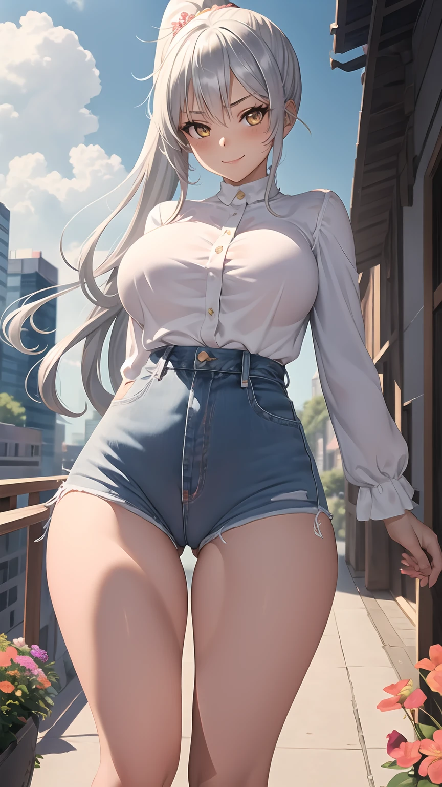 1girl, anime girl, anime, girl, 2d girl, 16y, (fullbody), standing, golden eyes, smiling, blush, (long hair, single ponytail, silver hair), ((blouse)), Solo, big , big breasts, sfw, Tight Shorts, low waist shorts, upshorts, from below, the city background, flowers, afternoon sky, looking at viewer, darker shadows, (((sexy))), (((shorts))), (((absurdres))), (((thigh gap))), cameltoe, (((cameltoe))), (((cleft of venus))), (((lowleg shorts))),