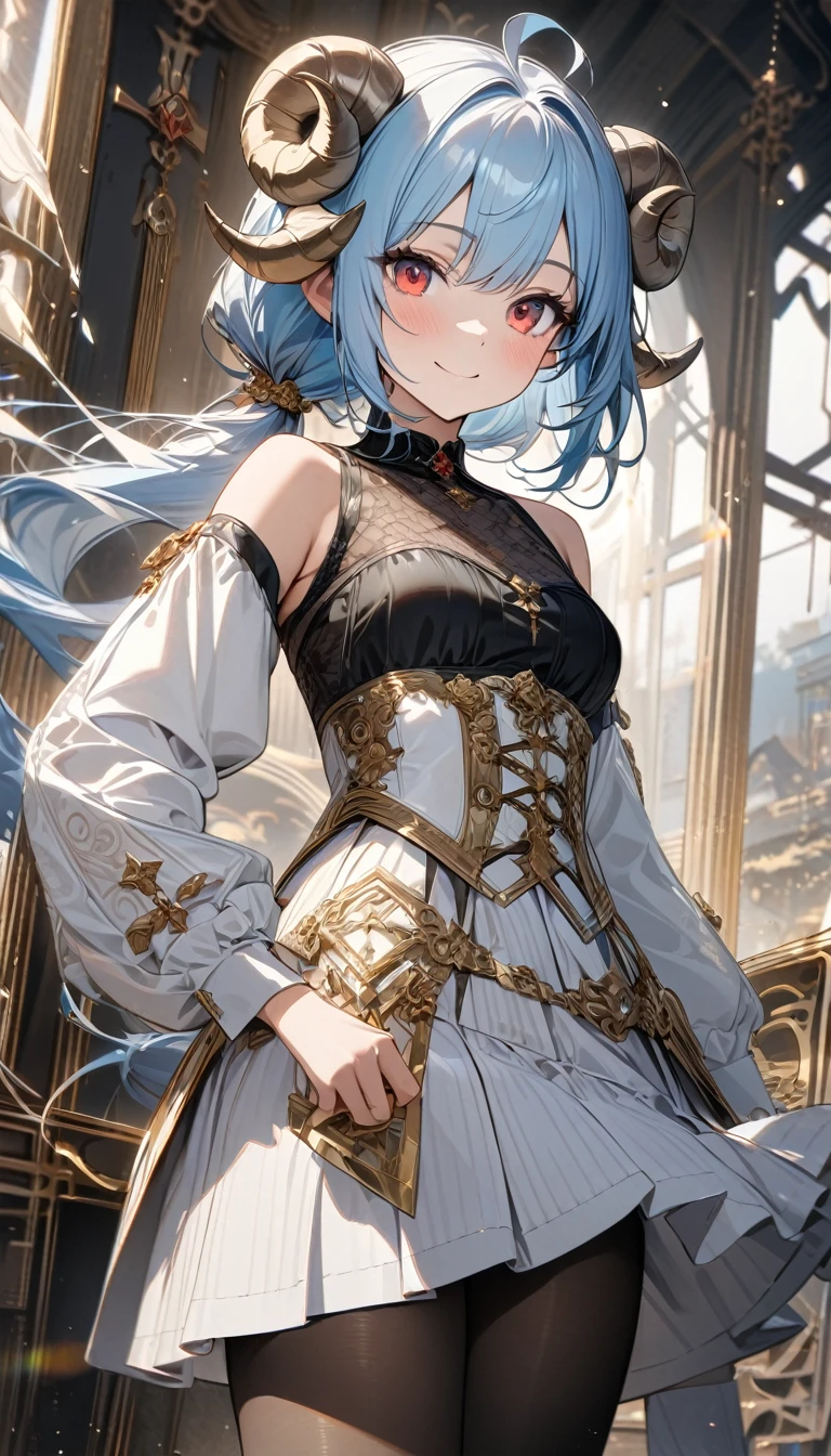 Young girl, long light blue hair, sheep horns, low ponytail, red eyes, white Chinese corset, black transparent top, long white sleeves, white skirt, black nylon tights, white elements, golden elements, smile, Masterpiece, best quality, Full HD, 8k, ultra details, great graphic