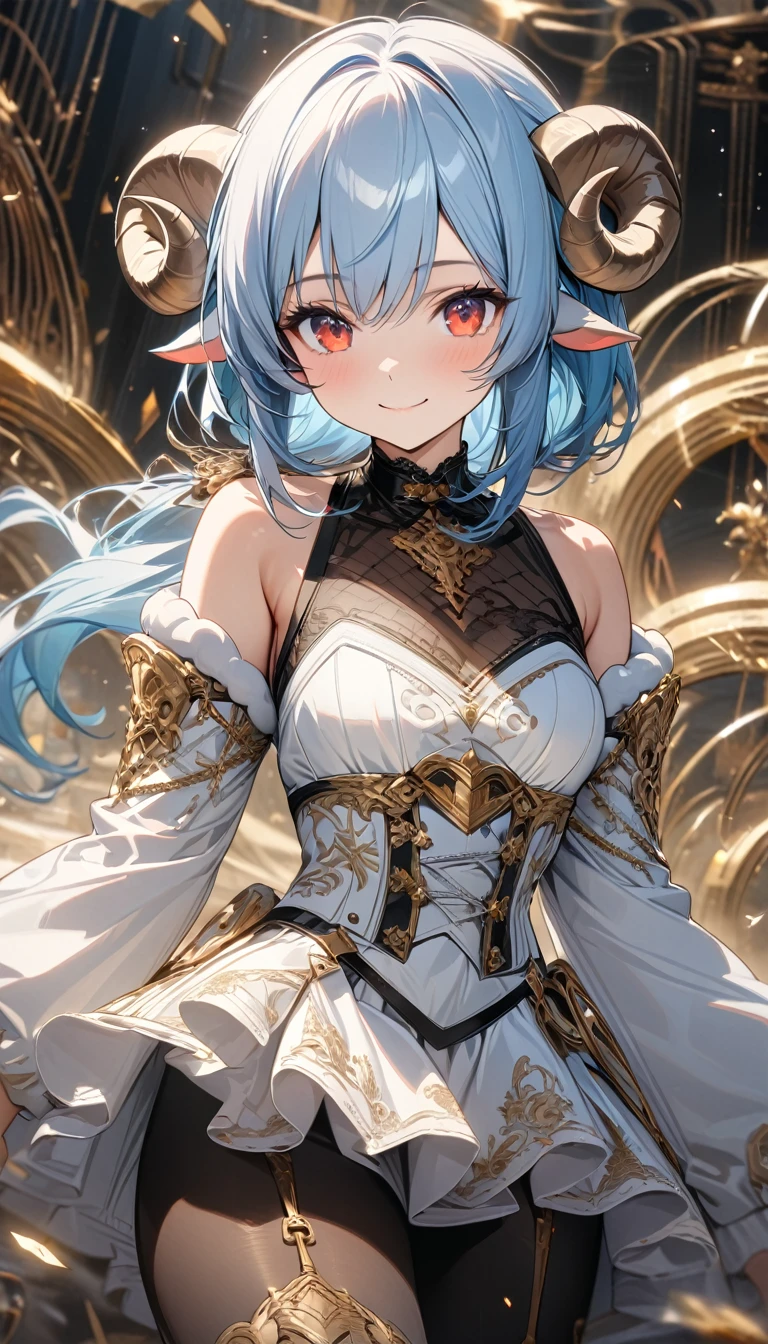 Young girl, long light blue hair, sheep horns, low ponytail, red eyes, white Chinese corset, black transparent top, long white sleeves, white skirt, black nylon tights, white elements, golden elements, smile, Masterpiece, best quality, Full HD, 8k, ultra details, great graphic