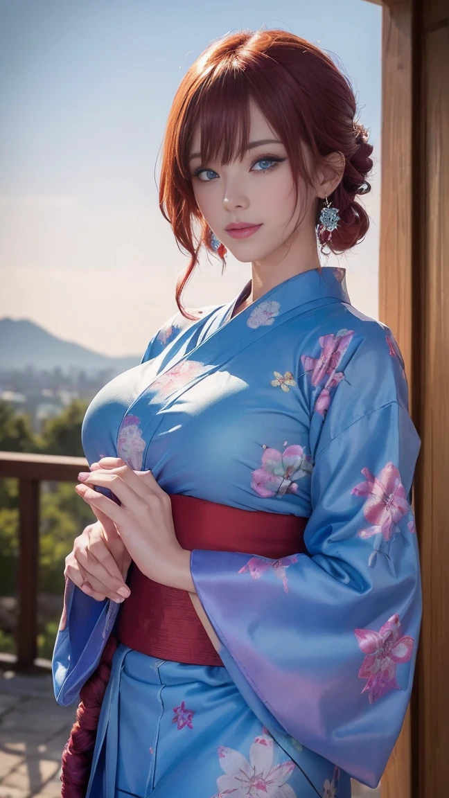 (((highest quality)), (super detailed), 1 girl, (iridescent hair, colorful hair, red hair: 1.2), 17 years old, (sexy yukata: 1.2), outdoor, bangs, smile, sky blue eyes, perfect hands, perfect hands, hand details, corrected fingers. Earrings, Night Store + Background, looking_at_viewer, Top Quality, Rich Detail, Perfect Image Quality, big breasts, slender body, Cowboy Shot, (masterpiece), masterpiece, super detail, high details, highres, 16k