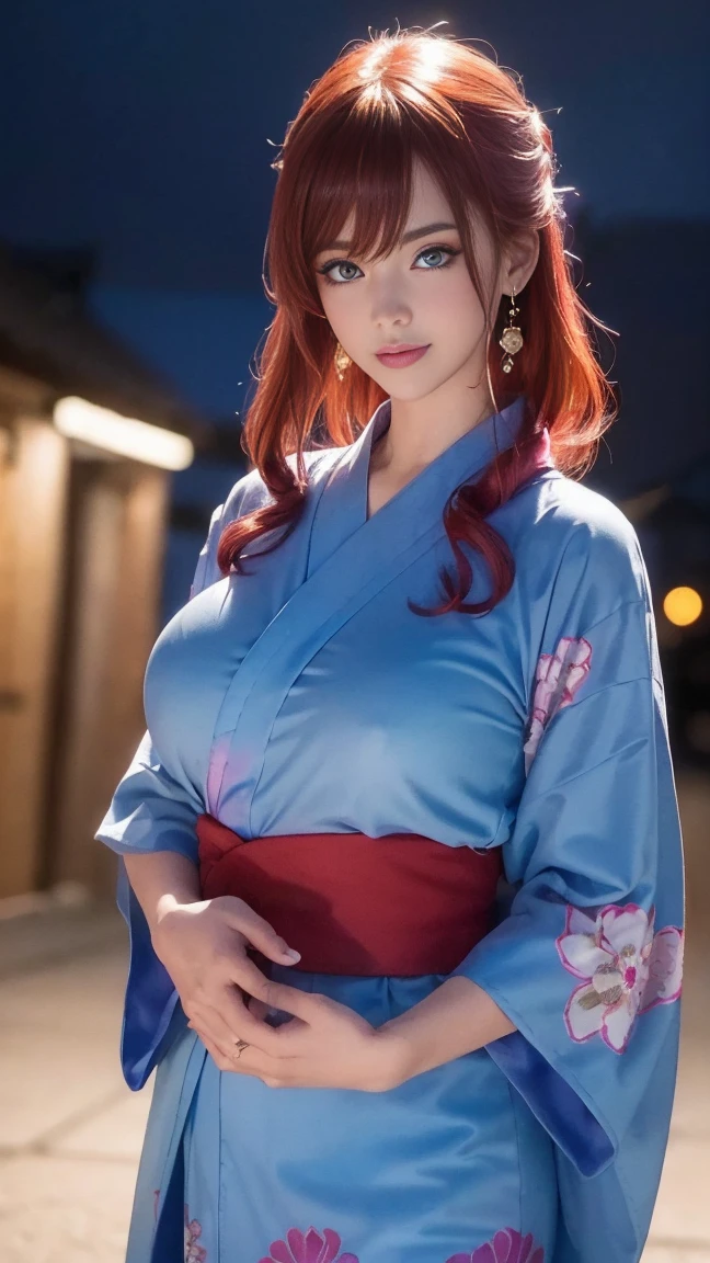 (((highest quality)), (super detailed), 1 girl, (iridescent hair, colorful hair, red hair: 1.2), ************, (sexy yukata: 1.2), outdoor, bangs, smile, sky blue eyes, perfect hands, perfect hands, hand details, corrected fingers. Earrings, Night Store + Background, looking_at_viewer, Top Quality, Rich Detail, Perfect Image Quality, big breasts, slender body, Cowboy Shot, (masterpiece), masterpiece, super detail, high details, highres, 16k