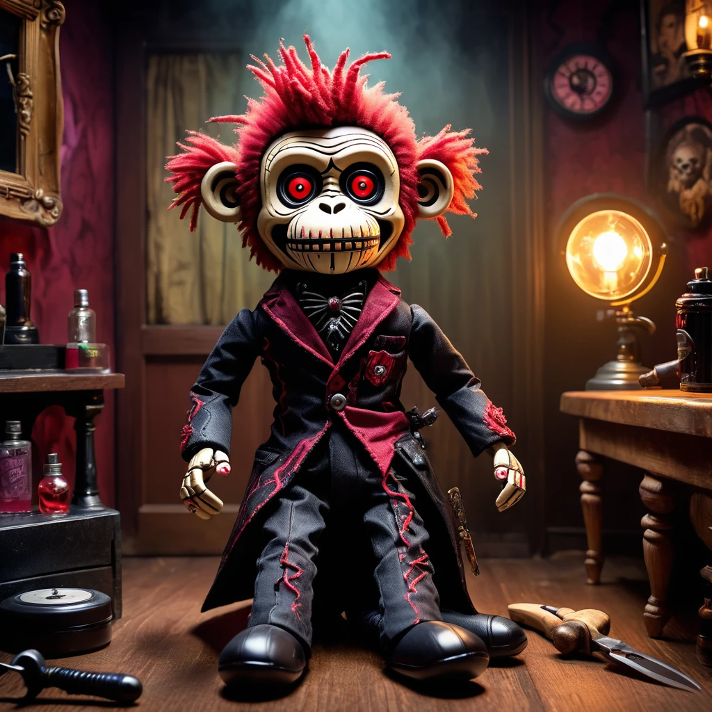 (knitted toy voodoo doll:1.7), (Voodoo Monkey Barber in Cursed Salon:1.3), (Clothing: tattered barber's outfit with dark patterns:1.0), (Accessories: enchanted scissors, glowing sinister razor:1.2), (background: cursed salon with floating, glowing spectral mirrors and eerie mist:1.2), best quality, masterpiece, detailed soft oil painting, detailed background, dramatic cinematic lighting, soft edge lighting, professional, dramatic lighting, hard edge lighting, ultra quality, 4k, masterpiece, best quality, 8k, ultra high definition, high resolution, extremely detailed