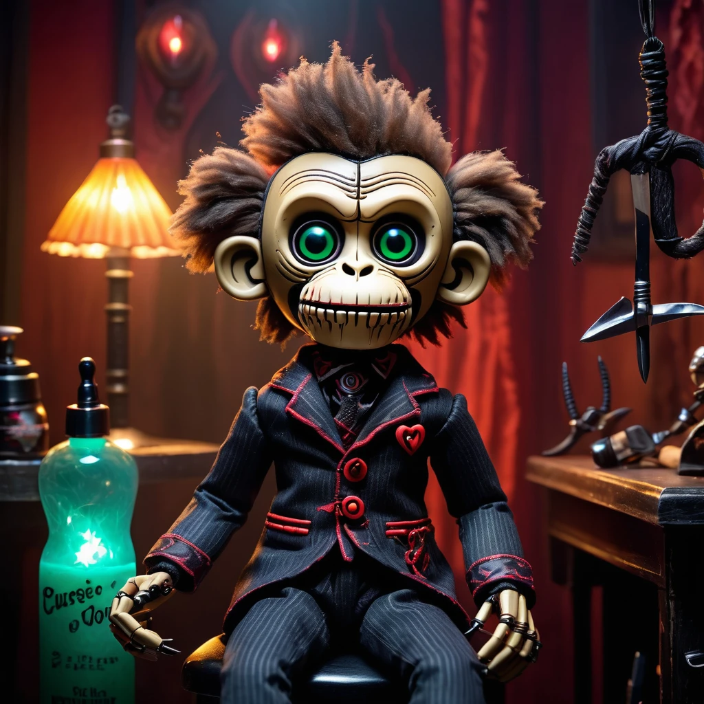(knitted toy voodoo doll:1.7), (Voodoo Monkey Barber in Cursed Salon:1.3), (Clothing: tattered barber's outfit with dark patterns:1.0), (Accessories: enchanted scissors, glowing sinister razor:1.2), (background: cursed salon with floating, glowing spectral mirrors and eerie mist:1.2), best quality, masterpiece, detailed soft oil painting, detailed background, dramatic cinematic lighting, soft edge lighting, professional, dramatic lighting, hard edge lighting, ultra quality, 4k, masterpiece, best quality, 8k, ultra high definition, high resolution, extremely detailed
