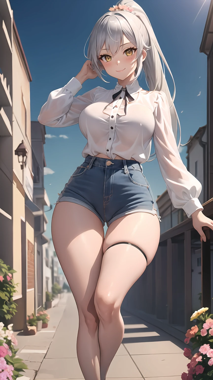 1girl, anime girl, anime, girl, 2d girl, y, (fullbody), standing, golden eyes, smiling, blush, (long hair, single ponytail, silver hair), ((blouse)), Solo, big , big breasts, sfw, Tight Shorts, low waist shorts, upshorts, from below, the city background, flowers, afternoon sky, looking at viewer, darker shadows, (((sexy))), (((shorts))), (((absurdres))), (((thigh gap))), cameltoe, (((cameltoe))), (((cleft of venus))), (((lowleg shorts))),