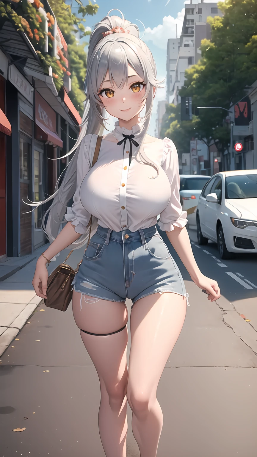 1girl, anime girl, anime, girl, 2d girl, 16y, (fullbody), standing, golden eyes, smiling, blush, (long hair, single ponytail, silver hair), ((blouse)), Solo, big , big breasts, sfw, Tight Shorts, low waist shorts, upshorts, from below, the city background, flowers, afternoon sky, looking at viewer, darker shadows, (((sexy))), (((shorts))), (((absurdres))), (((thigh gap))), cameltoe, (((cameltoe))), (((cleft of venus))), (((lowleg shorts))),
