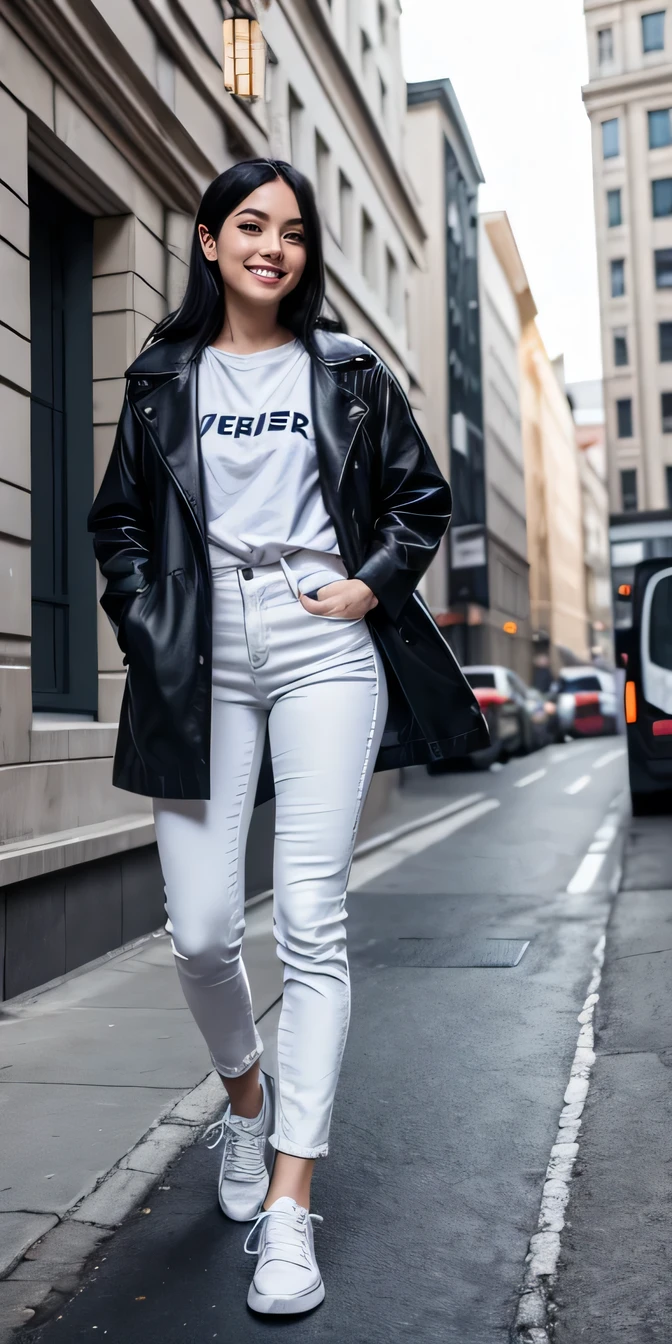 beautiful girl, （Full body photo）（Head to toe）Black Hair ,. White T-shirt, Grey coat, Skinny jeans、sneakers、smile、, The background is the building&#39;s corridor..
