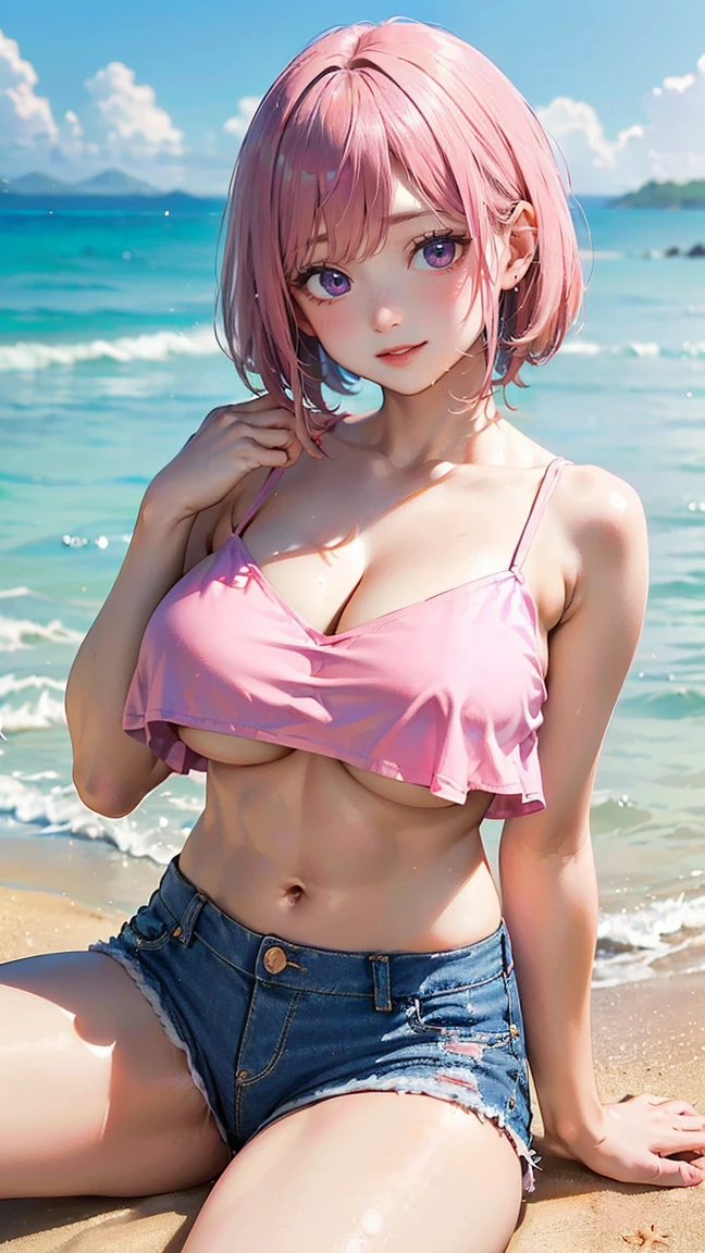 ((Highest quality, 8k, masterpiece :1.3)), (Sharp focus :1.2, Beautiful woman with perfect figure :1.4, Slim Abs :1.2), ((Big Breasts, Emphasize cleavage, The underboob is visible:1.3)), (Photorealistic:1.4), (realistic:1.4), (Pink Hair:1.5), Highly detailed face and skin texture, Fine grain, double eyelid. Makeup face, A little bit of lipstick, sex appeal, Sexy gravure pose, ((She wore a pink camisole and denim shorts.、A high school girl with a bob cut、Posing sexy while sitting on the sand at the beach。The blue sea spreads in the background。:1.3))