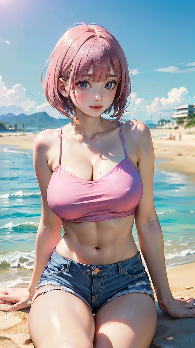 ((Highest quality, 8k, masterpiece :1.3)), (Sharp focus :1.2, Beautiful woman with perfect figure :1.4, Slim Abs :1.2), ((Big Breasts, Emphasize cleavage, The underboob is visible:1.3)), (Photorealistic:1.4), (realistic:1.4), (Pink Hair:1.5), Highly detailed face and skin texture, Fine grain, double eyelid. Makeup face, A little bit of lipstick, sex appeal, Sexy gravure pose, ((She wore a pink camisole and denim shorts.、A high school girl with a bob cut、Posing sexy while sitting on the sand at the beach。The blue sea spreads in the background。:1.3))