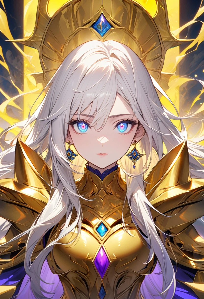 woman, god, god eyes, blue eyes, glowing right eyes, two color eyes, purple right eyes, blue left eyes, yellow aura, golden armor, long hair, white hair, god mature, god eyes, diamond earings, 
