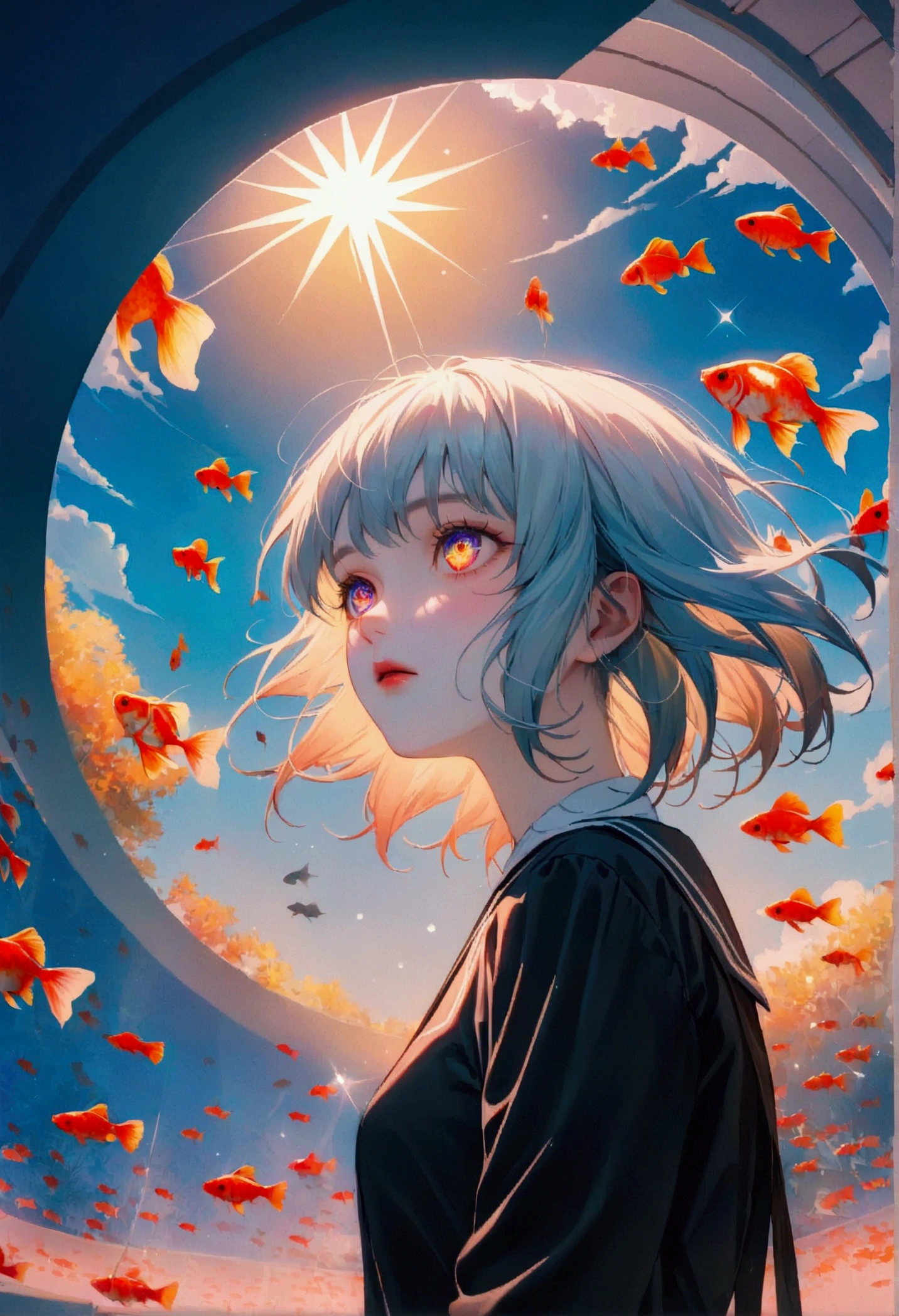 (woman\(student, 15 years old, Jie Kang, Silver flowing short hair, Cosmic eyes, black school, pale skin, face exhausted，There is no light in the eyes\) Looking up at the sky), (So many goldfish swimming in the air), Beautiful sky, Beautiful clouds, Colorful flowers bloom everywhere in summer, (Crystal clear bubbles sparkle in the sky), There is a midday moon and a midday star in the sky, woman is at messy downtown, rest ,quality\(8k,極為細緻的CG單元wallpaper, masterpiece,High resolution,top-quality,top-quality real texture skin,Surreal,提High resolution,original photo,最好的quality,Very detailed,wallpaper,movie lighting,Ray tracing,golden ratio\),(long shot),Wide-angle lens,