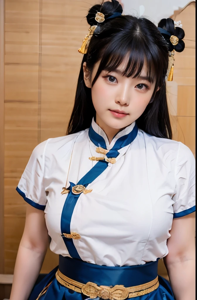 《Street Fight II》Chun-Li,Perfect Chun-Li Costume,Blue and gold cheongsam,Bun head,非常Good cover,Fighting Stance,masterpiece、1 beautiful girl、beautiful eyes、Puffy eyes、best quality, 超high resolution, (Reality: 1.4), Light、Japanese、Asian Beauty、Korean、Super beautiful、Beautiful Skin、Body facing forward、Close-up of face、(超Reality的な)、(high resolution)、(8K)、(Very detailed)、(美しくbeautiful eyes)、(Very detailed)、 (wall-)、Delicate face、明亮的Light、Professional Lighting、Looking at the audience、Direct vision、Side Bangs、Nogizaka Idol、Korean Idol、masterpiece, best quality, masterpiece, best quality, Perfect face, Perfect brown eyes and white sclera, Bad Move -5, solitary, 1 girl, Upper Body, Brown hair, From SF2, Chinese service, Smile, Muscle woman, Blue clothes, Pantyhose, Pelvic Curtain, Fluffy short sleeves, Good cover, sash, appraise:
