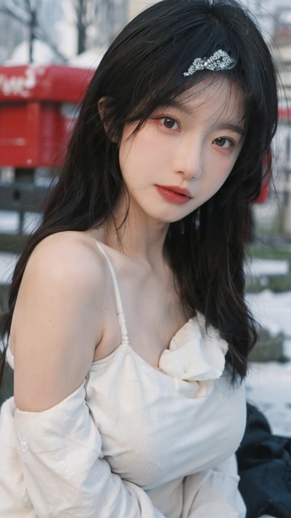 Portrait photography,1 girl,Snow Scene,Snowing background,Push-up non-slip tube top ,(whole body:1.4),Lipstick,(Big Breasts:1.4),Headband,serene,calm,(Realistic and detailed eyes,Natural skin texture,Realistic facial details),