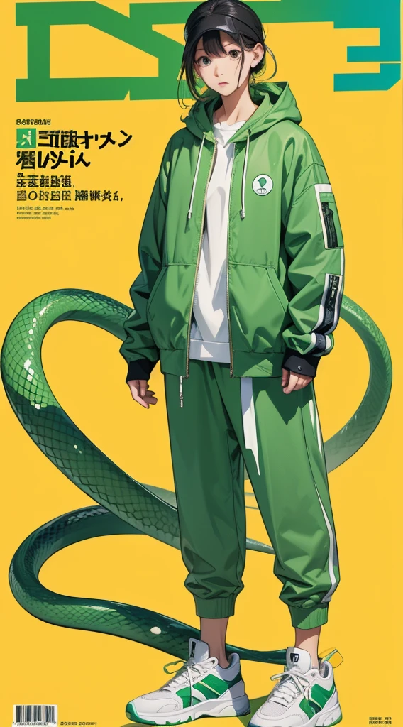 サイバーパンク, オーバーサイズパーカー, Wearing big sneakers, whole body, Simple Background, Magazine cover style, Snake themed characters, Dull green image color, Snake&#39;s Tail, The snake&#39;s tongue is sticking out of its mouth, Snake&#39;s Tongue, snake pupils, tachi-e, projected inset, UHD, best quality, highres, 8k