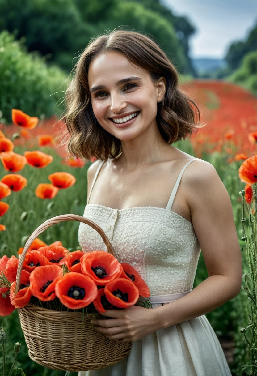 (Pixar Style: 1.25) Portrait of a , Natalie Portman, smile, Waist length with a flower basket overgrown with poppies., The skin texture is natural., 4k texture, HDR, complicated, Highly detailed, Sharp focus, Cinematic look, There are too many details.