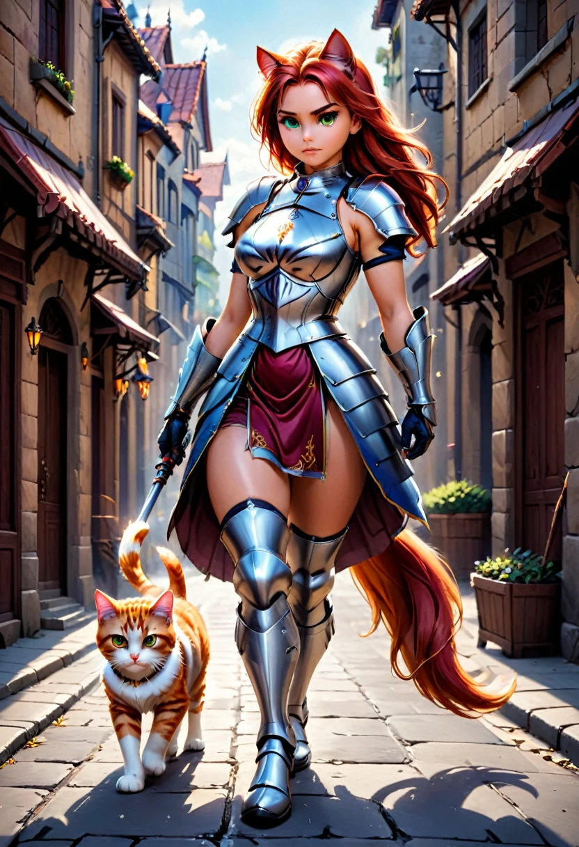 arafed a picture of knight with her epic sized cat walking near her in  fantasy street, an ((epic sized cat: 1.5)), the cat is armored for battle, dynamic color cat BREAK a human knight, full body, ((anatomically correct: 1.5)  walking near him, female knight, red hair, long hair, hair in a pony tail, wearing knight's armor, decorated armor,  high heeled boots,  Hyperrealism style, vibrant, Ultra-high resolution, High Contrast, (masterpiece:1.5), highest quality, Best aesthetics), best details, best quality, highres, ultra wide angle, 16k, [ultra detailed], masterpiece, best quality, (extremely detailed) RAW, ArmoredDress, Amber cat eyes
