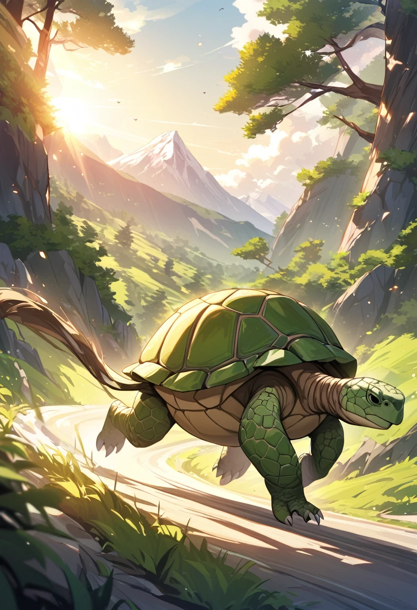 A scene from ‘The Tortoise and the Hare’ where both the tortoise and the hare are racing towards the foot of a mountain. The tortoise is running as fast as it can, looking determined and focused. Meanwhile, the hare is ahead, running effortlessly with a confident and relaxed expression. The setting is a vibrant, lush forest with a clear path leading to the mountain. The sun is shining, casting a warm light on the scene, and the mountain in the background is majestic and imposing
