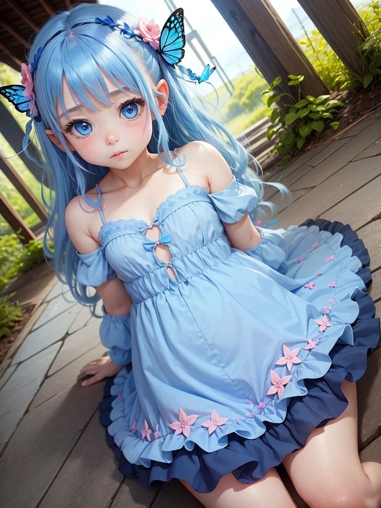 cute little Fairy, blue butterfly, blue hair, pink eyes, blue dress 尖った耳 花のドレス