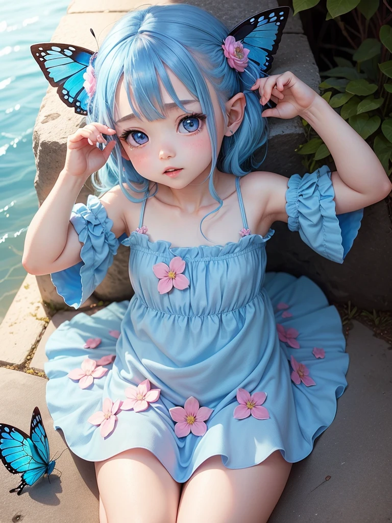 cute little Fairy, blue butterfly, blue hair, pink eyes, blue dress 尖った耳 花のドレス
