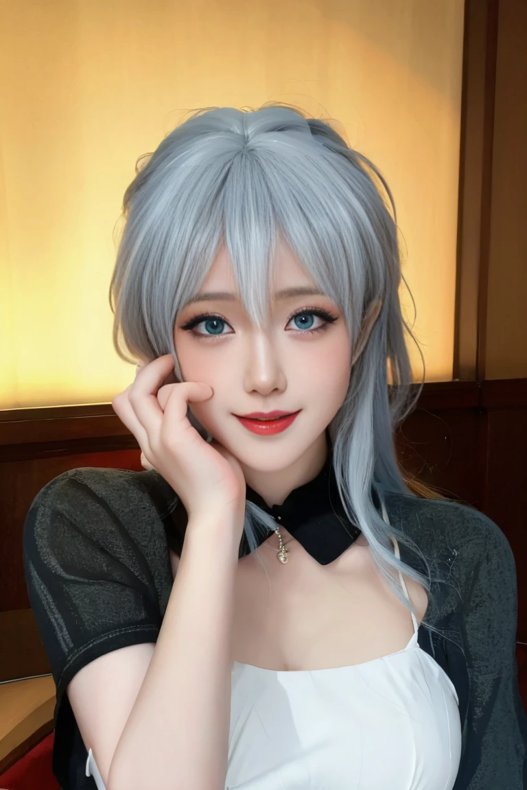 ulzzang-6500-v1.1,(raw photo:1.2),((photorealistic:1.30)), ((best quality)) ,((masterpiece)),((Ultra High Resolution)), ((Clear View)),,Ultra-high resolution,Clear face,（Reality：1.4) ,  illustration, an extremely delicate and beautiful, extremely detailed ,CG ,unity ,8k wallpaper, Amazing, finely detail, masterpiece,best quality,official art,extremely detailed CG unity 8k wallpaper,absurdres, incredibly absurdres, huge filesize, ultra-detailed, highres, extremely detailed,beautiful detailed girl, extremely detailed eyes and face, beautiful detailed eyes,light on face,cinematic lighting, 25 year old woman, 1 girl, cute, bedroom, tutoring, books on the table, fruit on the table, chair beside the table, sitting, dating, (red nose), (smile: 1.15), (mouth closed), medium breasts, beautiful detailed eyes, kimono, floating hair NovaFrogStyle, silver hair, Blue eyes, natural lips, slim body,