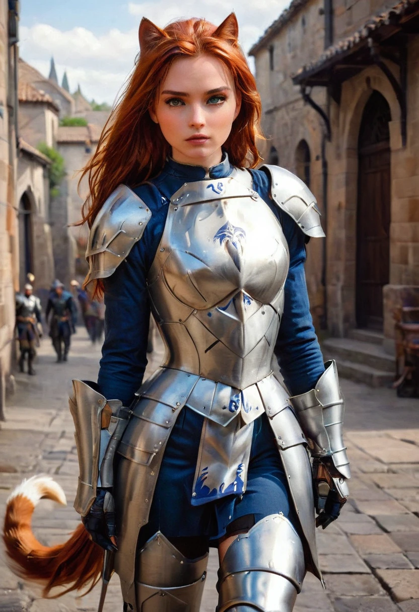 arafed a picture of knight with her epic sized cat walking near her in  fantasy street, an (epic sized cat), armored for battle, dynamic color cat BREAK a human knight, full body, ((anatomically correct: 1.5)  walking near him, female knight, red hair, long hair, hair in a pony tail, wearing knight's armor, decorated armor,  high heeled boots,  Hyperrealism style, vibrant, Ultra-high resolution, High Contrast, (masterpiece:1.5), highest quality, Best aesthetics), best details, best quality, highres, ultra wide angle, 16k, [ultra detailed], masterpiece, best quality, (extremely detailed) RAW, ArmoredDress, Amber cat eyes