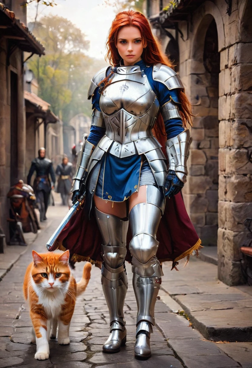 arafed a picture of knight with her epic sized cat walking near her in  fantasy street, an (epic sized cat), armored for battle, dynamic color cat BREAK a human knight, full body, ((anatomically correct: 1.5)  walking near him, female knight, red hair, long hair, hair in a pony tail, wearing knight's armor, decorated armor,  high heeled boots,  Hyperrealism style, vibrant, Ultra-high resolution, High Contrast, (masterpiece:1.5), highest quality, Best aesthetics), best details, best quality, highres, ultra wide angle, 16k, [ultra detailed], masterpiece, best quality, (extremely detailed) RAW, ArmoredDress, Amber cat eyes