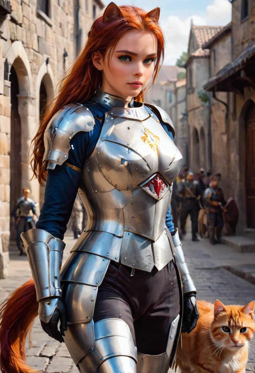 arafed a picture of knight with her epic sized cat walking near her in  fantasy street, an (epic sized cat), armored for battle, dynamic color cat BREAK a human knight, full body, ((anatomically correct: 1.5)  walking near him, female knight, red hair, long hair, hair in a pony tail, wearing knight's armor, decorated armor,  high heeled boots,  Hyperrealism style, vibrant, Ultra-high resolution, High Contrast, (masterpiece:1.5), highest quality, Best aesthetics), best details, best quality, highres, ultra wide angle, 16k, [ultra detailed], masterpiece, best quality, (extremely detailed) RAW, ArmoredDress, Amber cat eyes