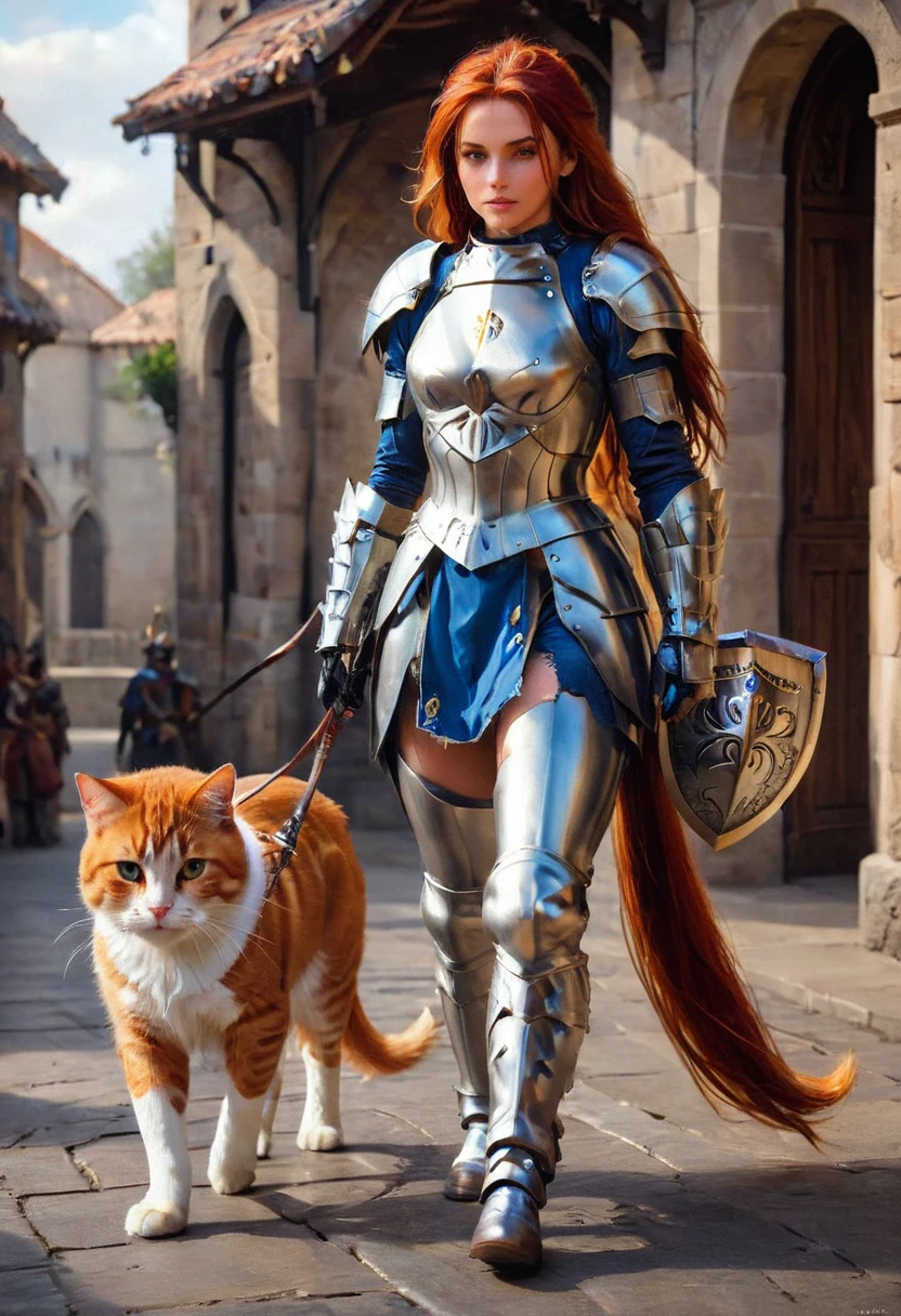 arafed a picture of knight with her epic sized cat walking near her in  fantasy street, an (epic sized cat), armored for battle, dynamic color cat BREAK a human knight, full body, ((anatomically correct: 1.5)  walking near him, female knight, red hair, long hair, hair in a pony tail, wearing knight's armor, decorated armor,  high heeled boots,  Hyperrealism style, vibrant, Ultra-high resolution, High Contrast, (masterpiece:1.5), highest quality, Best aesthetics), best details, best quality, highres, ultra wide angle, 16k, [ultra detailed], masterpiece, best quality, (extremely detailed) RAW, ArmoredDress, Amber cat eyes