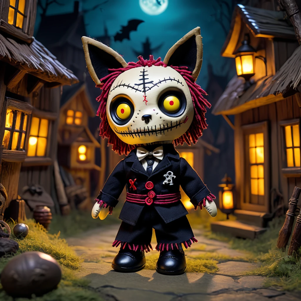 (knitted toy voodoo doll:1.7), (Voodoo Wolf Night Watchman:1.3), (Clothing: tattered watchman's uniform with dark symbols:1.0), (Accessories: enchanted lantern, glowing sinister clock:1.2), (background: eerie village with floating, glowing spectral houses and creepy shadows:1.2), best quality, masterpiece, detailed soft oil painting, detailed background, dramatic cinematic lighting, soft edge lighting, professional, dramatic lighting, hard edge lighting, ultra quality, 4k, masterpiece, best quality, 8k, ultra high definition, high resolution, extremely detailed