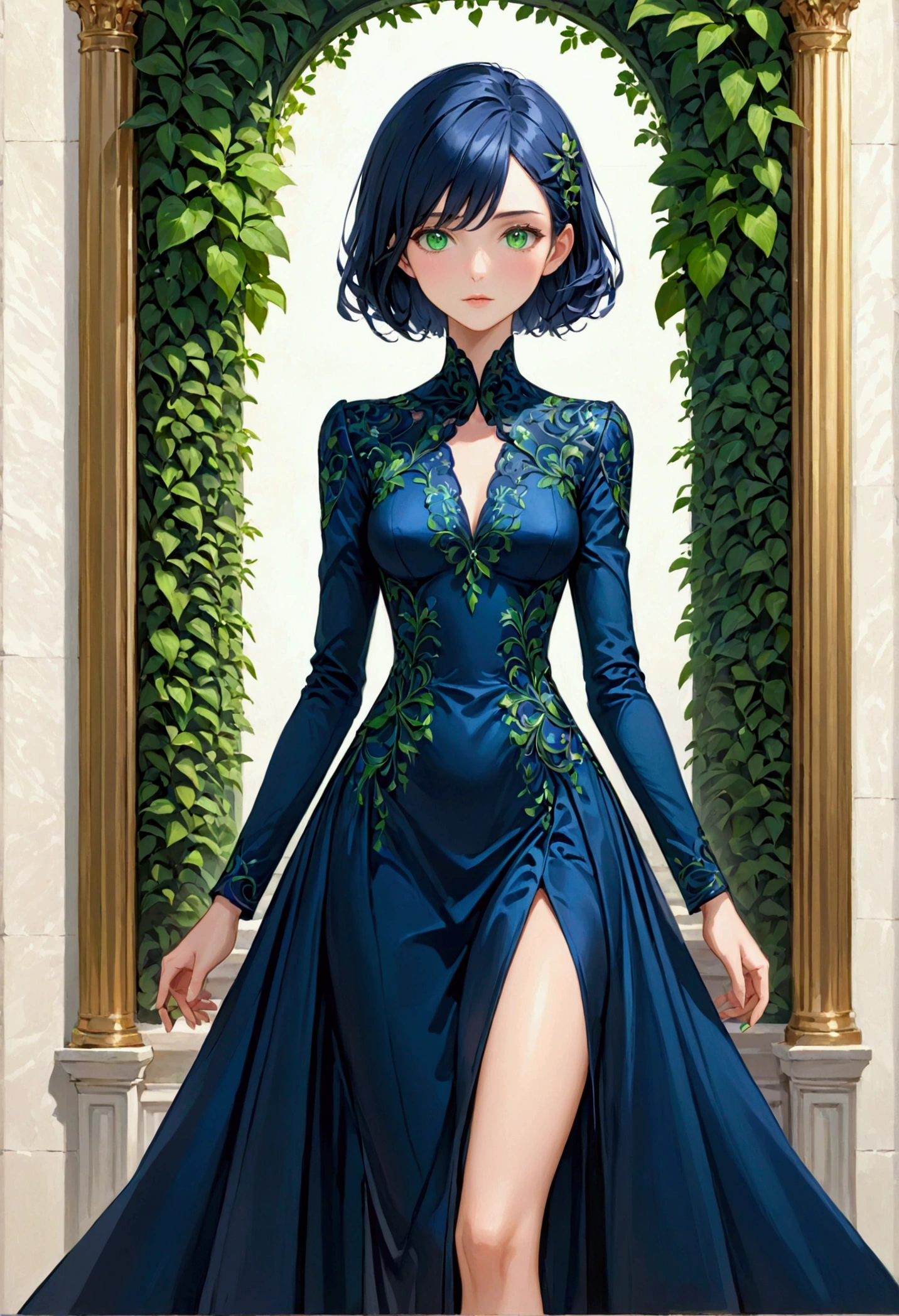Girl with dark blue hair, green eyes,tall rectangular body figure, mature,elegant dress