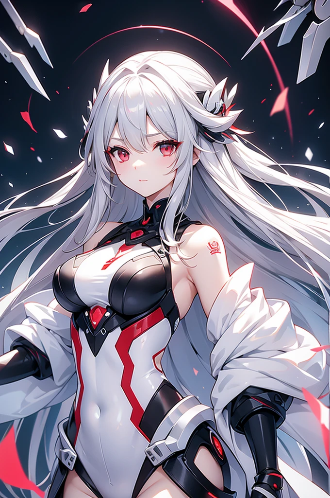 Silver long hair、Red eyes、woman、美しいwoman、Large Breasts、White Machine Skin、The whole body of the machine、Mechanical joint、The machine's body is entirely red and white.、sword、A revealing red and white Chinese dress、A Chinese dress that shows off her cleavage、chinese style background、indoor、During sexual intercourse、On the bed、orgasm、Ahegao