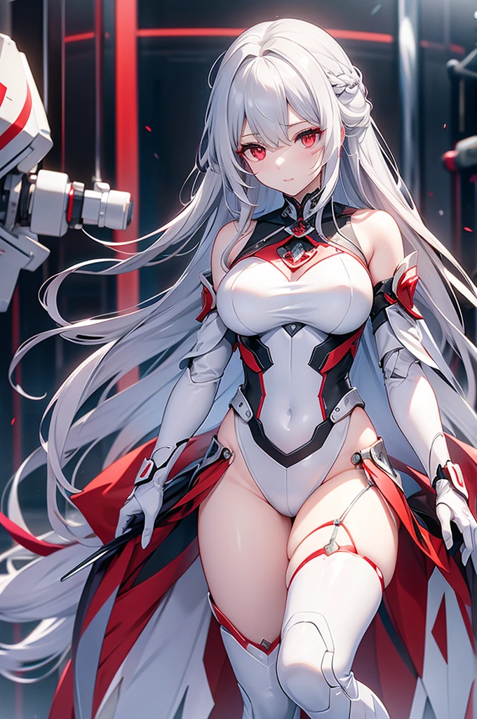 Silver long hair、Red eyes、woman、美しいwoman、Large Breasts、White Machine Skin、The whole body of the machine、Mechanical joint、The machine&#39;s body is entirely red and white.、sword、A revealing red and white Chinese dress、A Chinese dress that shows off her cleavage、chinese style background、indoor、During sexual intercourse、On the bed、orgasm、Ahegao