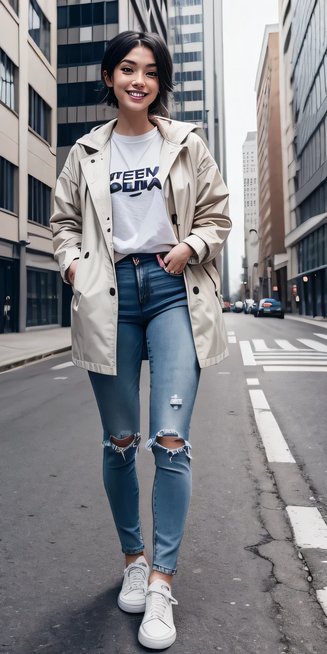 beautiful girl, (Full body photo)(Head to toe)Black Hair ,. White T-shirt, Grey coat, Skinny jeans、sneakers、smile、, The background is the building's corridor..