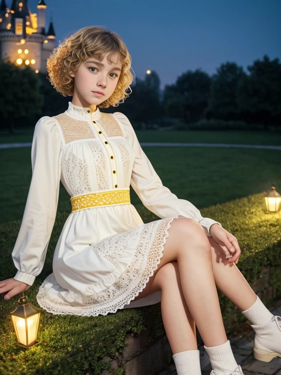 13 year old girl, Lovely, very short hair, Very curly, White color, slim, flat bust, with freckles on the face, with slavic features, with long sleeve dress, yellow, Whole body, shows her legs, in the castle garden, at night,