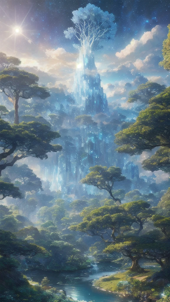 Illustration of a hyperrealistic , Otherworldly, Ultra Sky Scene,Features a giant crystal tree,Very detailed and magical lighting, Intricate forest details, Surrounding vegetation and rivers, Solar Punk ,landscape, Giant Tree, Beautiful leaves,Beautiful lighting and realistic proportions, Just like the background, 8K, best quality, masterpiece, Clouds and stars in the sky.