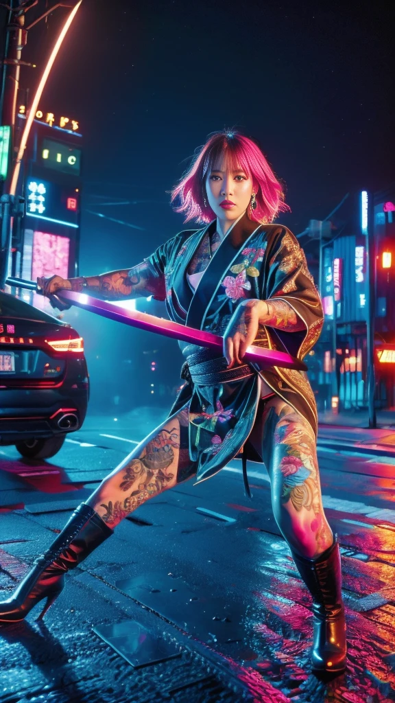 Beautiful Chinese woman, (16 years old), cute face, red lips, white moist skin, moles, (under-eye bags),
BREAK,
Feminine body with high athletic ability, Body of a female fitness model, Feminine body with hard tones, (Muscles: 1.2), (Beautiful belly button),
BREAK,
Fighter, Kung Fu fighter, Idol, (Yakuza), (Yakuza),
BREAK,
(Wearing a cute black kimono: 1.3), (Kimono with a lot of exposure), (Stiletto heels, black long boots 1.3), necklace, very large earrings, short length,
BREAK,
Short hair, (Short bob hair), (Bangs: 1.2), (Pink hair: 1.3), (Wavy hair),
BREAK,
(Very large Japanese sword: 1.4), (Holding the handle of a Japanese sword: 1.3), (Fighting: 1.2), (Getting into a fighting stance), (Beautiful blade of a Japanese sword: 1.2)
BREAK,
(Japanese tattoo: 1.4),
BREAK,
Masterpiece, Perfect lighting, Ultra high resolution, 8K, (Highly detailed: 1.4), (From the front), Looking at the camera, Melancholic expression,
BREAK,
(Tokyo city, lots of people in the background: 1.2), Shibuya city background in Tokyo, Japan, (Neon lights: 1.2)