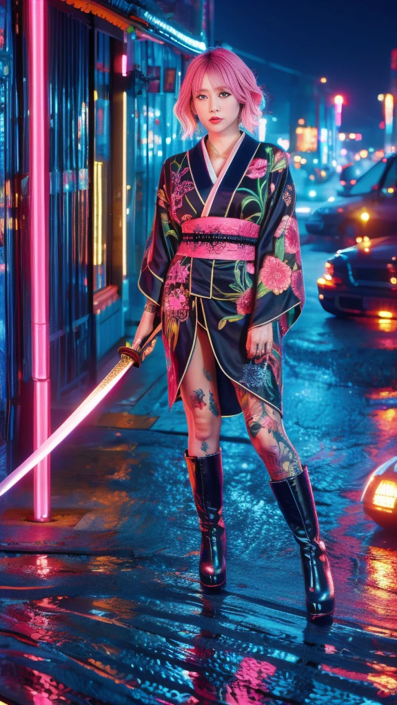 Beautiful Chinese woman, (), cute face, red lips, white moist skin, moles, (under-eye bags),
BREAK,
Feminine body with high athletic ability, Body of a female fitness model, Feminine body with hard tones, (Muscles: 1.2), (Beautiful belly button),
BREAK,
Fighter, Kung Fu fighter, Idol, (Yakuza), (Yakuza),
BREAK,
(Wearing a cute black kimono: 1.3), (Kimono with a lot of exposure), (Stiletto heels, black long boots 1.3), necklace, very large earrings, short length,
BREAK,
Short hair, (Short bob hair), (Bangs: 1.2), (Pink hair: 1.3), (Wavy hair),
BREAK,
(Very large Japanese sword: 1.4), (Holding the handle of a Japanese sword: 1.3), (Fighting: 1.2), (Getting into a fighting stance), (Beautiful blade of a Japanese sword: 1.2)
BREAK,
(Japanese tattoo: 1.4),
BREAK,
Masterpiece, Perfect lighting, Ultra high resolution, 8K, (Highly detailed: 1.4), (From the front), Looking at the camera, Melancholic expression,
BREAK,
(Tokyo city, lots of people in the background: 1.2), Shibuya city background in Tokyo, Japan, (Neon lights: 1.2)