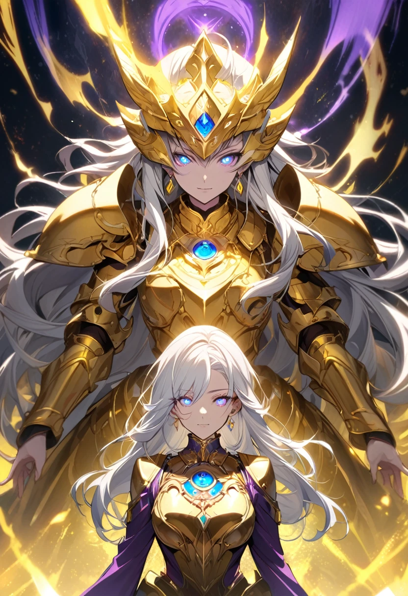 woman, god, god eyes, blue eyes, glowing right eyes, two color eyes, purple right eyes, blue left eyes, yellow aura, golden armor, long hair, white hair, god mature, god eyes, diamond earings,