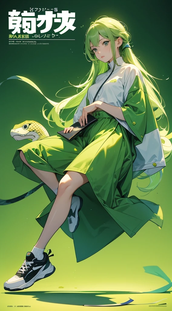 サイバーパンク, オーバーサイズパーカー, Wearing big sneakers, whole body, Simple Background, Magazine cover style, Snake themed characters, Dull green image color, Snake's Tail, The snake's tongue is sticking out of its mouth, Snake's Tongue, snake pupils, tachi-e, projected inset, UHD, best quality, highres, 8k