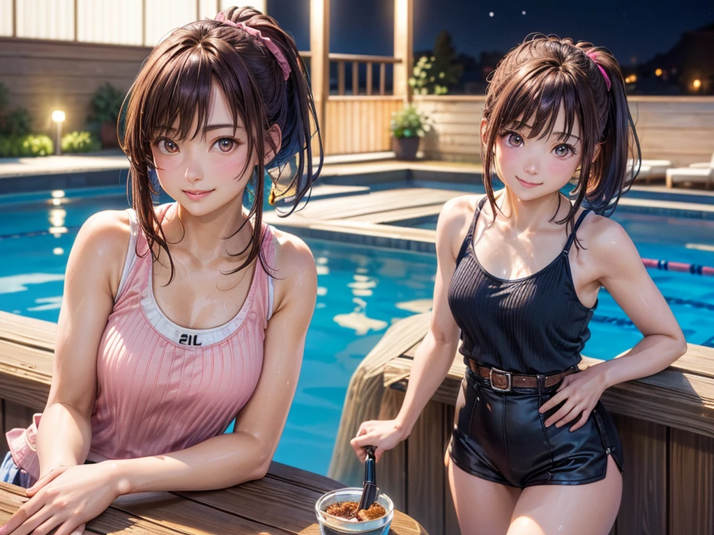 (masterpiece、Highest quality:1.2),Frame In、 Cowboy Shot, solo, One Girl, Seeing the viewer, (Highest quality, 8k, oil, Tabletop:1.2), Very detailed, (Realistic, Realistic:1.37), Vibrant colors, Pink Tank Top、Black ide Ponytail、Brown Hair、smile、Night Pool、Pool at night、