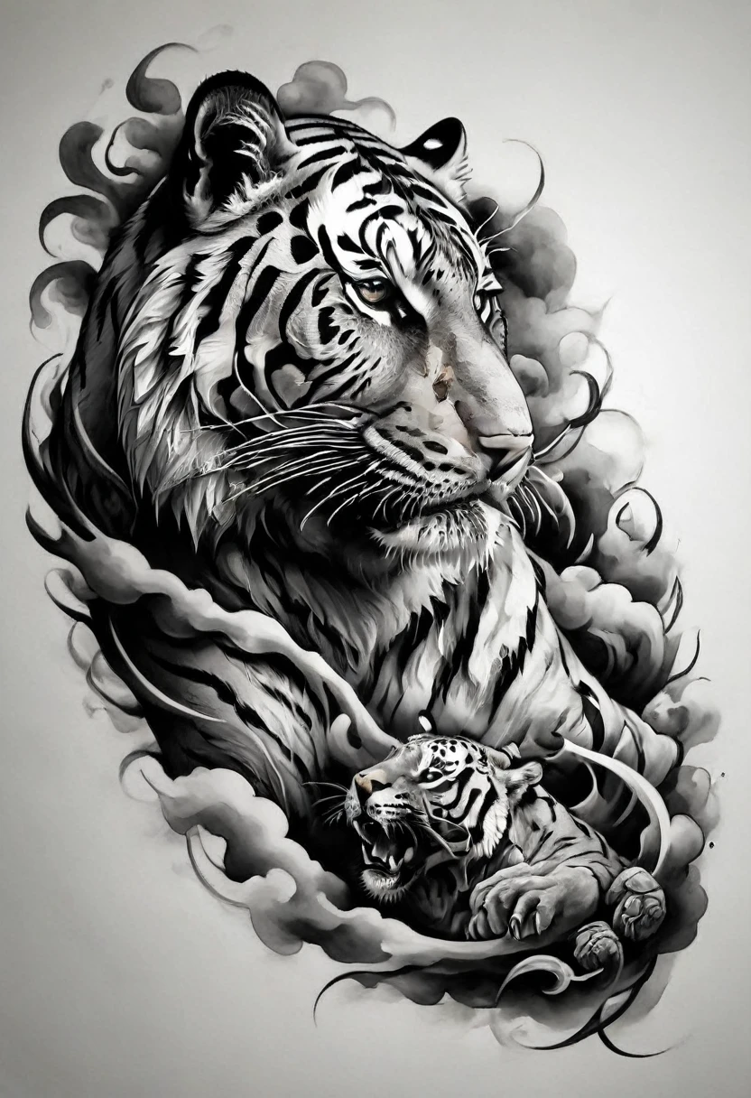 a black and white drawing of a Tiger with a cloud, Jaguar Head Tattoo Designs, Detailed bushido shaped smoke, Tattoo designs, Black and white inkスタイル, Medium size tattoo sketch, Black and gray tattoo styles, Sumi style, sacred Tiger, Tiger_beast, Left arm to back, concept Tattoo designs, Black and white ink &#39;, Tiger head, Tiger, (((Autumn leaves effects)))
