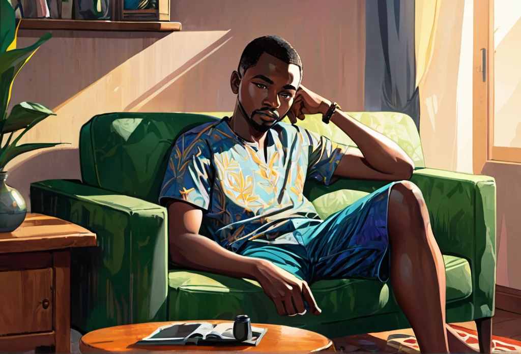 A man wearing dark shorts and shirt, sitting on a sofa, resting his back, watching TV.
African (masterpiece best quality:1.2) delicate illustration ultra-detailed, illustrations, bright, colourful,