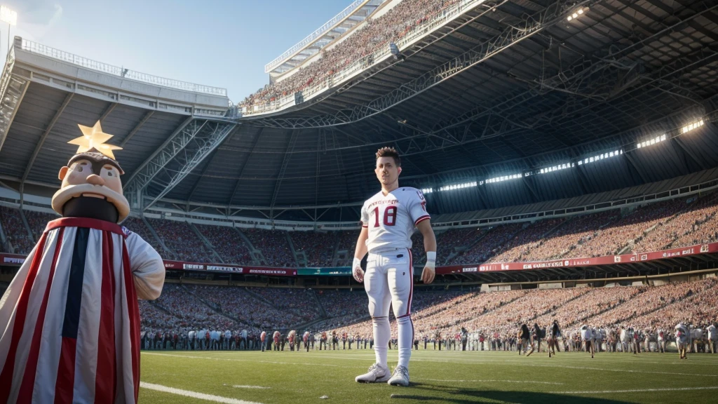 An image of a giant Eddie the Head with the Maltese Cross, standing in the middle of a crowded football stadium. All spectators are wearing white, and the stadium is decorated predominantly in white colors. The background should include details of the stadium and a lively crowd.
