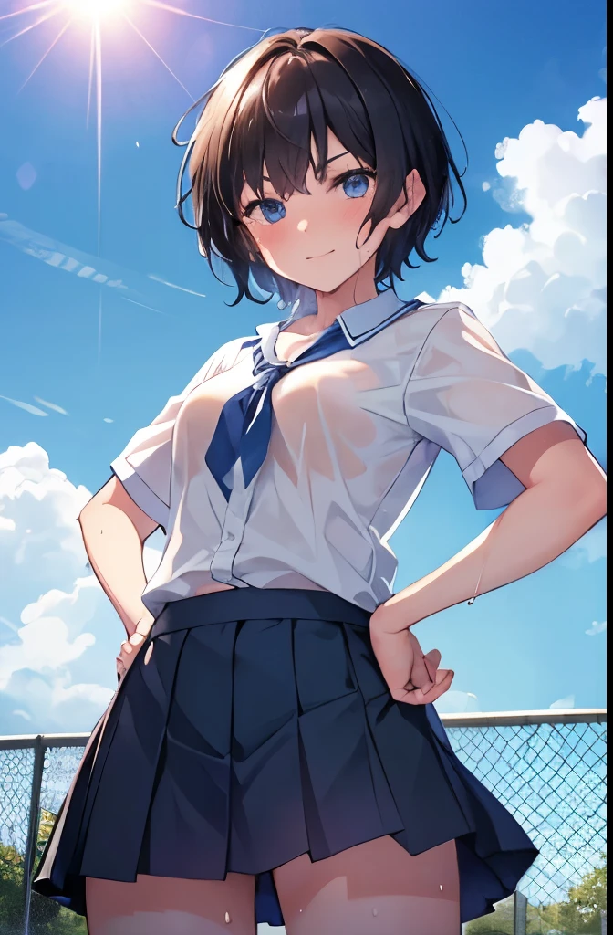 high school,Poolside,sun,1 girl,boyish,short hair,Black Hair,blue eyes,smile,Serious face,blush,Sweaty,Wet,Summer uniform,mini skirt,Cowboy shot with hands on hips,From below
