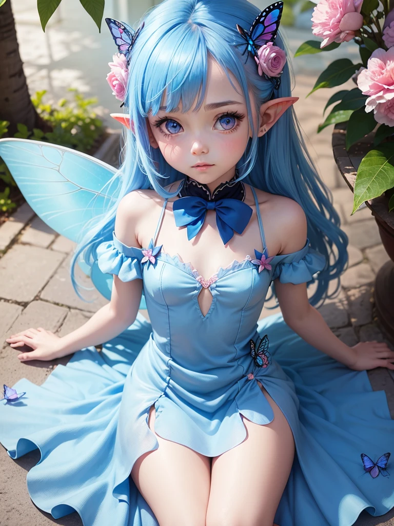 cute little Fairy, blue butterfly, blue hair, pink eyes, blue dress pointy ears dress made of petals leaves