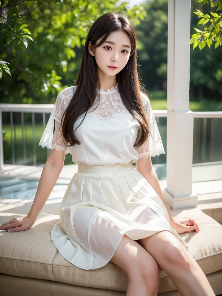 Outdoor、Flared skirt with lace 、White sheer blouse、(Highest quality)、((Very detailed))、4K、(8k)、masterpiece、Very detailedな、Highest quality、Super Resolution、1 person、Kind Face、Soft Light、RAW quality、Soft Skin、163cm、28 years old、Thighs