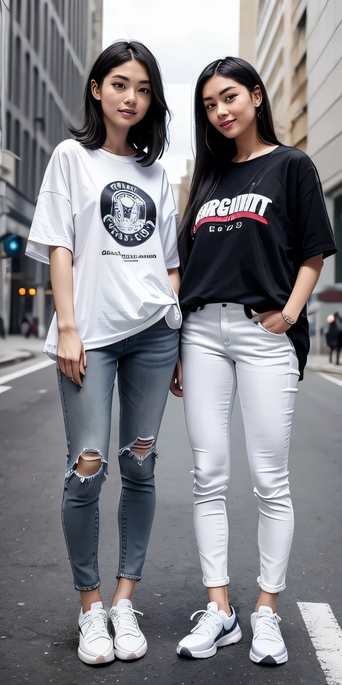 Two women standing side by side、（Full body photo）（Head to toe）Black Hair ,. White T-shirt, Grey coat, Skinny jeans、sneakers、smile、, The background is the building&#39;s corridor..

