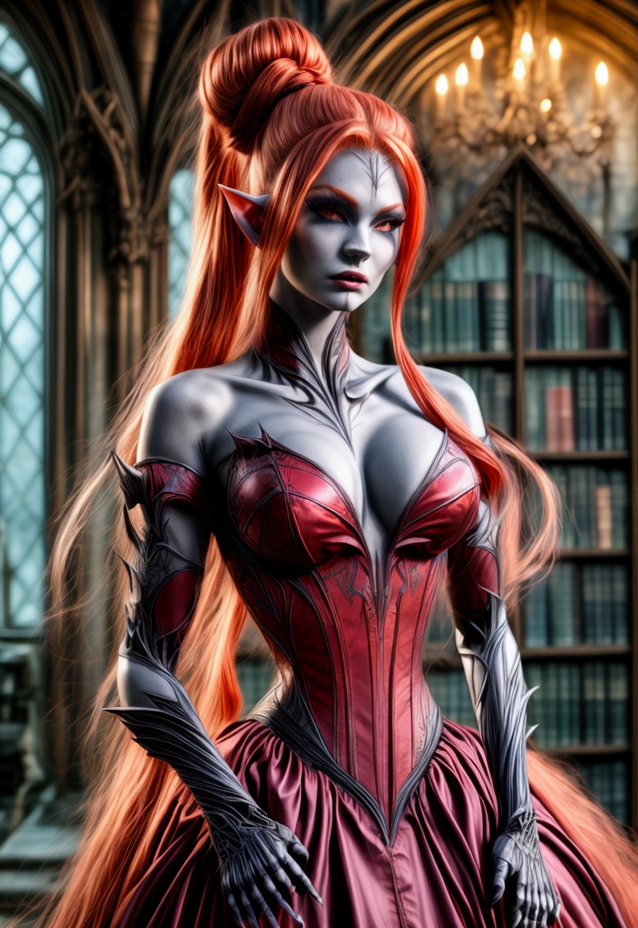 arafed a picture of elf vampire in her castle. an exquisite beautiful female elf vampire (ultra details, Masterpiece, best quality), full body, ((anatomically correct: 1.5) bloody mouth, orange hair, pale skin, hair in a ponytail, long hair, blue eyes, (small pointed ears: 1.2), cold eyes, smirking, wearing pink dress (ultra details, Masterpiece, best quality), red cloak, wearing high heels, in dark fantasy library, book shelves, vibrant, Ultra-high resolution, High Contrast, (masterpiece:1.5), highest quality, Best aesthetics), best details, best quality, highres, ultra wide angle, 16k, [ultra detailed], masterpiece, best quality, (extremely detailed) RAW, dark fantasy art, gothic art, wearing Haute_Couture designer dress, Dark Novel, c0rs3t, corset, leotard,