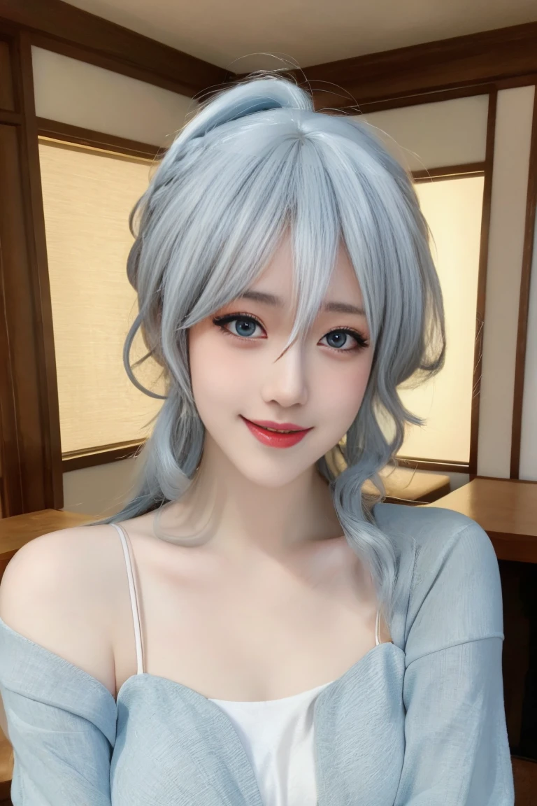 ulzzang-6500-v1.1,(raw photo:1.2),((photorealistic:1.30)), ((best quality)) ,((masterpiece)),((Ultra High Resolution)), ((Clear View)),,Ultra-high resolution,Clear face,（Reality：1.4) ,  illustration, an extremely delicate and beautiful, extremely detailed ,CG ,unity ,8k wallpaper, Amazing, finely detail, masterpiece,best quality,official art,extremely detailed CG unity 8k wallpaper,absurdres, incredibly absurdres, huge filesize, ultra-detailed, highres, extremely detailed,beautiful detailed girl, extremely detailed eyes and face, beautiful detailed eyes,light on face,cinematic lighting, 25 year old woman, 1 girl, cute, bedroom, tutoring, books on the table, fruit on the table, chair beside the table, sitting, dating, (red nose), (smile: 1.15), (mouth closed), medium breasts, beautiful detailed eyes, kimono, floating hair NovaFrogStyle, silver hair, Blue eyes, natural lips, slim body, full body,